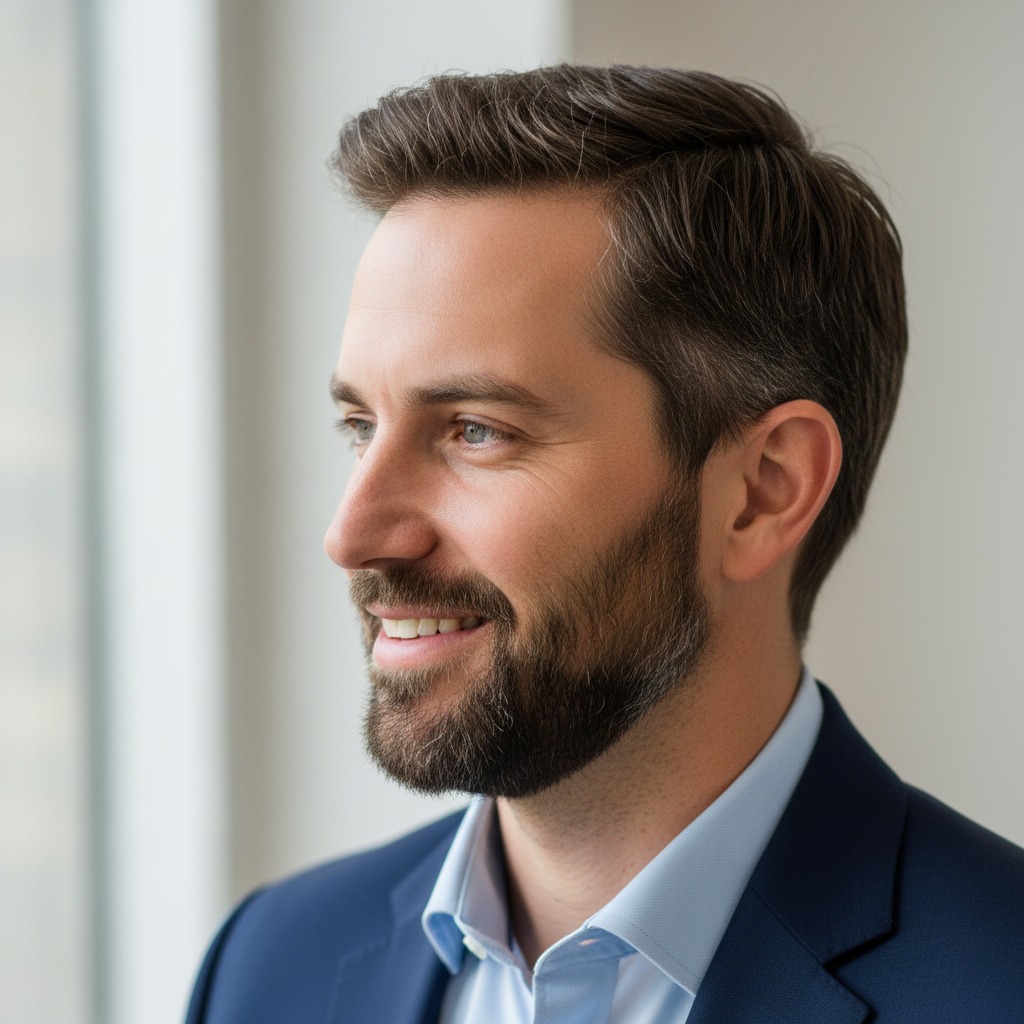 A man with a beard wearing a blue suit and light blue shirt looks off to the side with a smile.